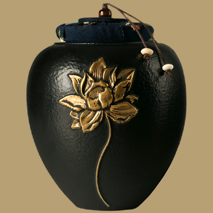 Cast Iron Black Urn with Beautiful Silver or Golden Flower, Ashes Container for Human or Pet Ashes, Cremains Urn Keepsake