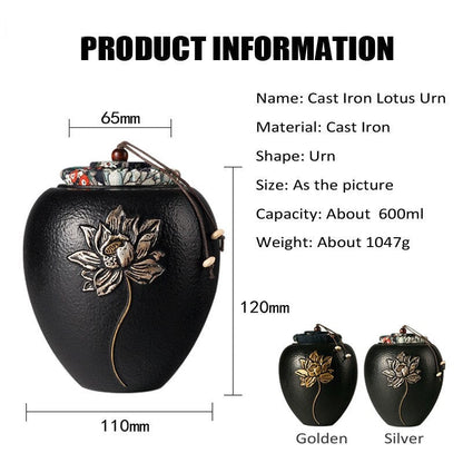 Cast Iron Black Urn with Beautiful Silver or Golden Flower, Ashes Container for Human or Pet Ashes, Cremains Urn Keepsake