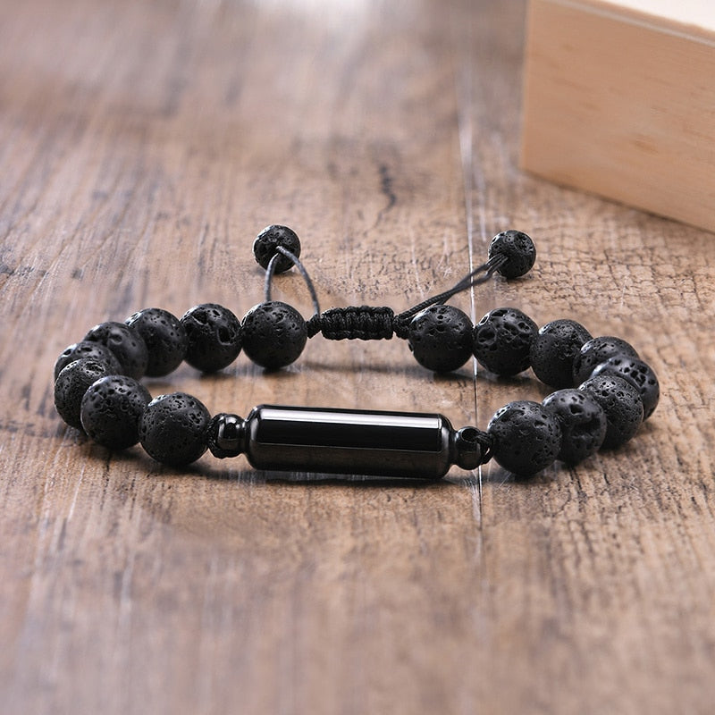 Lava Stone Beads Urn Bracelets for Ashes, Hollow Tube Cremation Keepsake, Memorial Jewelry - Ash Urn & Sea 