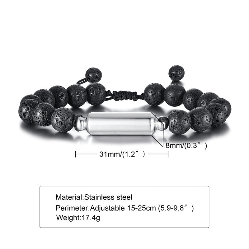 Lava Stone Beads Urn Bracelets for Ashes, Hollow Tube Cremation Keepsake, Memorial Jewelry - Ash Urn & Sea 