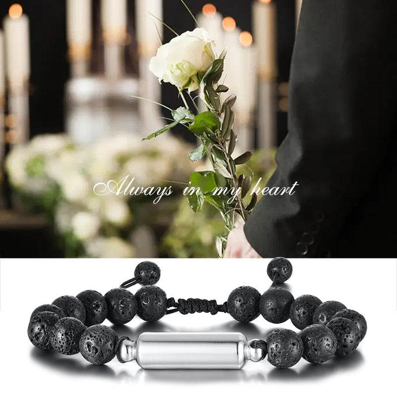 Lava Stone Beads Urn Bracelets for Ashes, Hollow Tube Cremation Keepsake, Memorial Jewelry - Ash Urn & Sea 