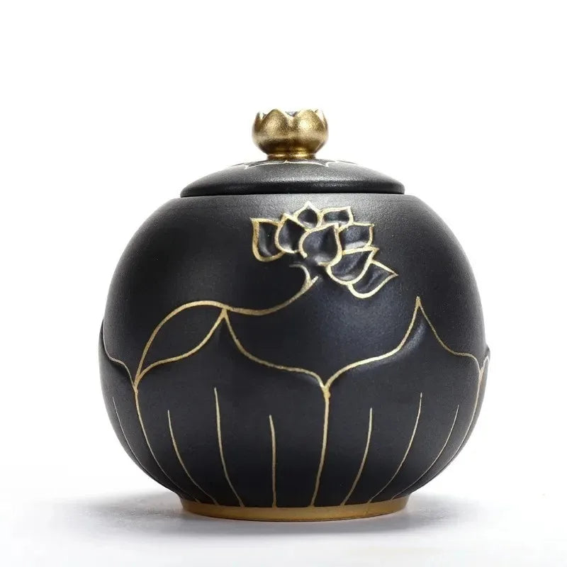 Ceramic Black and Gold Lotus Urn, Small Funeral Cremation Urn for Holding Ashes of Your Loved One Or Pet