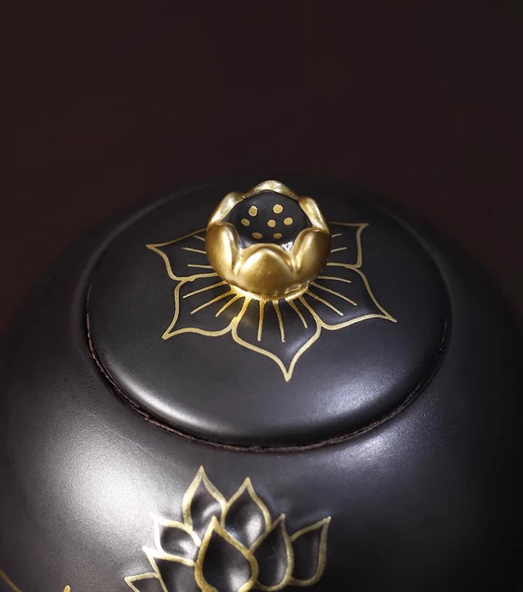 Ceramic Black and Gold Lotus Urn, Small Funeral Cremation Urn for Holding Ashes of Your Loved One Or Pet