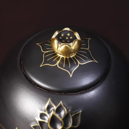 Ceramic Black and Gold Lotus Urn, Small Funeral Cremation Urn for Holding Ashes of Your Loved One Or Pet