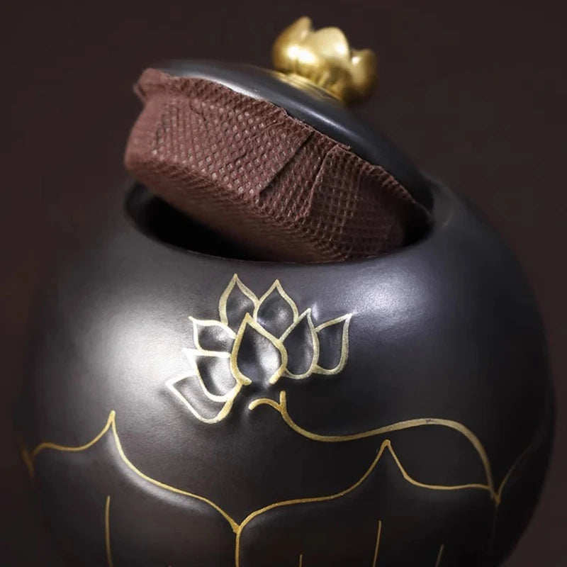 Ceramic Black and Gold Lotus Urn, Small Funeral Cremation Urn for Holding Ashes of Your Loved One Or Pet