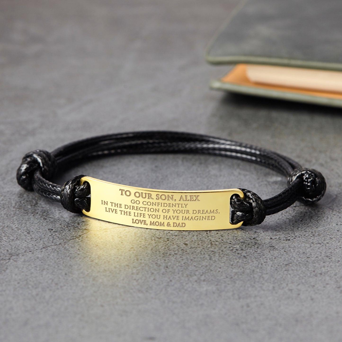 Personalized Bracelet For Son Engraved Graduation Gift from Mom To My Son Unisex Keepsake Bracelet Leather Strap Name Bar Quote for Gift